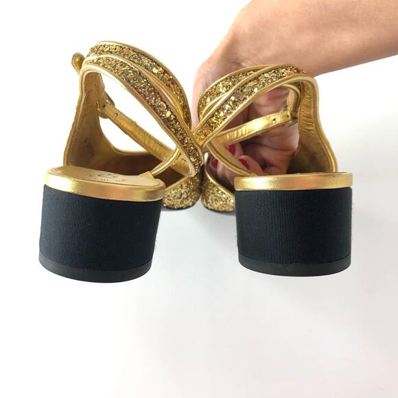 Chanel CC Logo Glitter and Grosgrain Cap Toe Slingback Platform Heel Pumps 37 - Picture 9 of 13